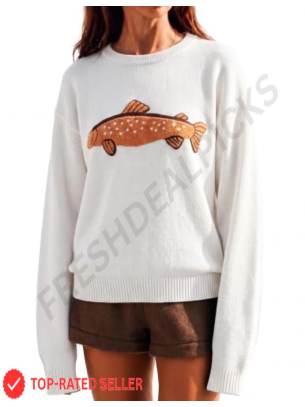 Womens Fish Graphic Oversized Sweater Crewneck Knit Pullover Y2K Top